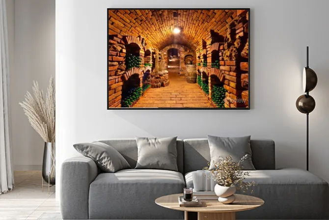 Plakat: Mała piwnica z butelkami i beczkami