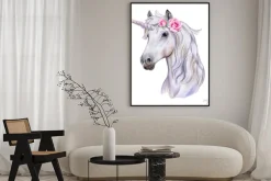 Plakat: Malowany jednorożec z różowymi różami