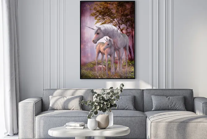 Plakat: Mama jednorożec z dzieckiem w lesie