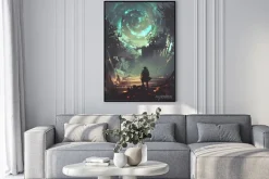 Plakat: Man with futuristic arm looking at glowing spiral wind over the