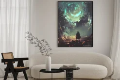 Plakat: Man with futuristic arm looking at glowing spiral wind over the