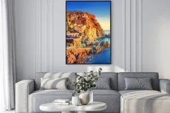 Plakat: Manarola, skały i morze o zachodzie słońca. cinque terre, włochy