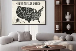 Plakat: Mapa plakat stanów zjednoczonych ze stanu nazwy. czarno-biały