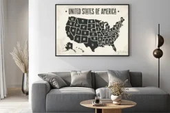 Plakat: Mapa plakat stanów zjednoczonych ze stanu nazwy. czarno-biały
