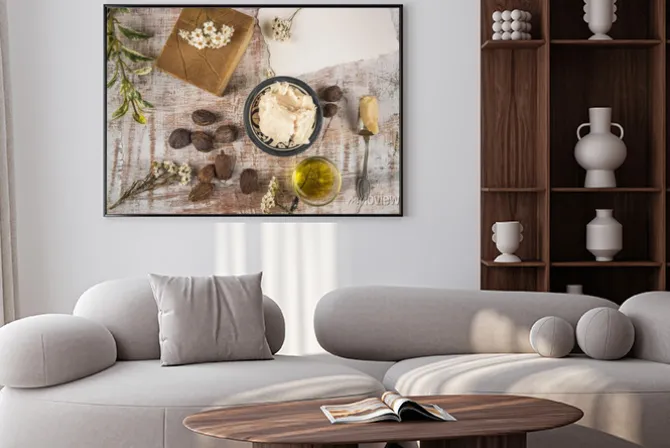 Plakat: Masło shea z produktem i orzechów shea