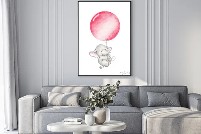 Plakat: Mały słonik z balonikiem dla dzieci
