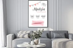 Plakat: Metryczka dla dziewczynki słonik i serduszka
