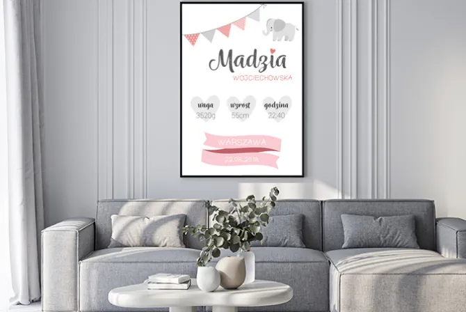 Plakat: Metryczka dla dziewczynki słonik i serduszka
