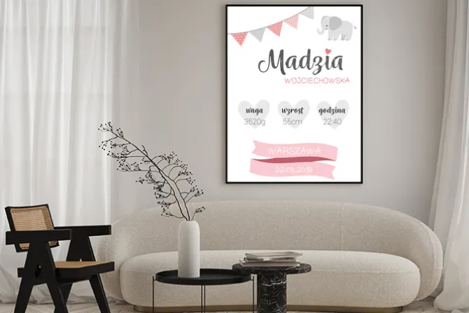 Plakat: Metryczka dla dziewczynki słonik i serduszka