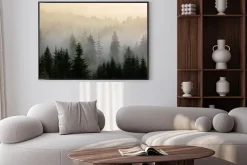 Plakat: Mglisty poranek nad sosnowym lasem