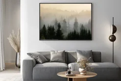 Plakat: Mglisty poranek nad sosnowym lasem