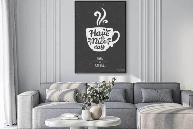 Plakat: Miłego dnia. weź plakat z kawą. sylwetka filiżanka kawy na chalkboard.