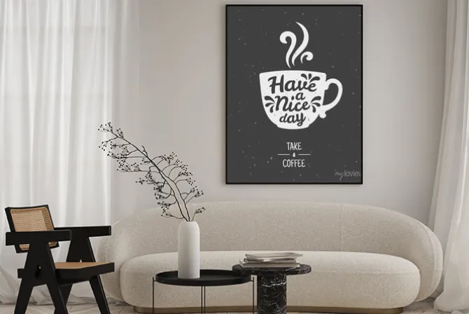 Plakat: Miłego dnia. weź plakat z kawą. sylwetka filiżanka kawy na chalkboard.