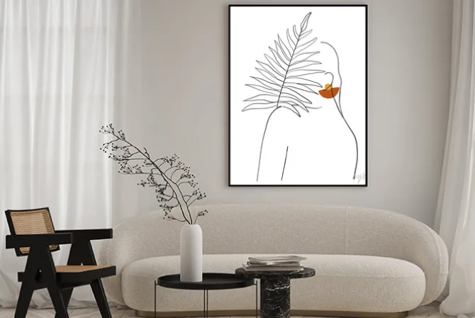 Plakat: Minimalistyczna sylwetka z liściem i pomarańczową plamą