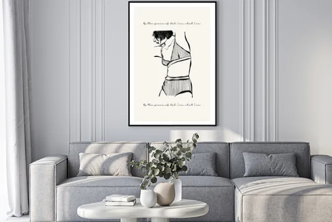 Plakat: Minimalistyczny rysunek kobiecego ciała z napisami