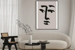 Plakat: Minimalistyczny szkic twarzy z wyrazem na szarym tle