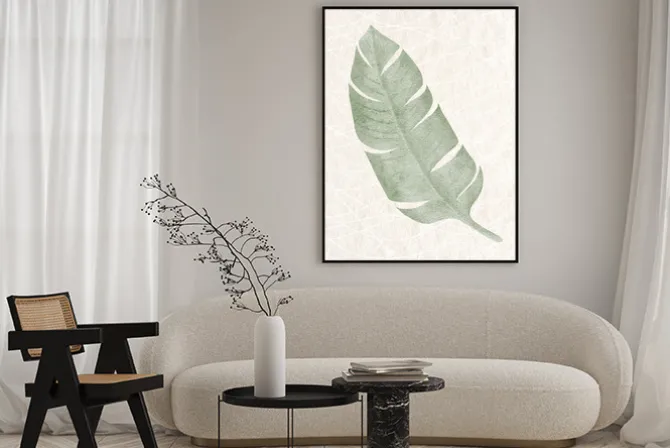 Plakat: Minimalistyczny zielony liść na beżowym tle