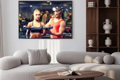 Plakat: Młoda para z mięśni w siłowni hantle wyginanie