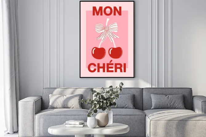 Plakat: Mon chéri wiśnie kokardka retro styl