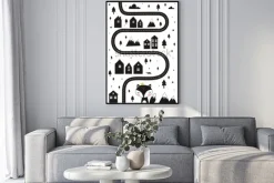 Plakat: Monochrome scandinavian vector maze. cartoon roads with house,