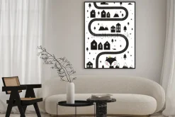 Plakat: Monochrome scandinavian vector maze. cartoon roads with house,
