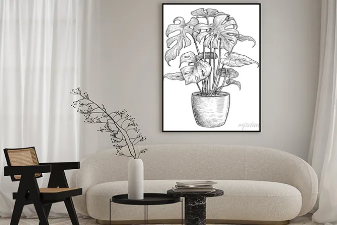 Plakat: Monstera illustration, drawing, engraving, ink, line art, vector