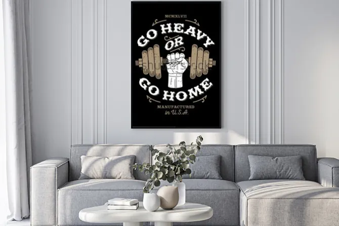 Plakat: Motyw siłowni i kulturystyki z motywacyjnym napisem