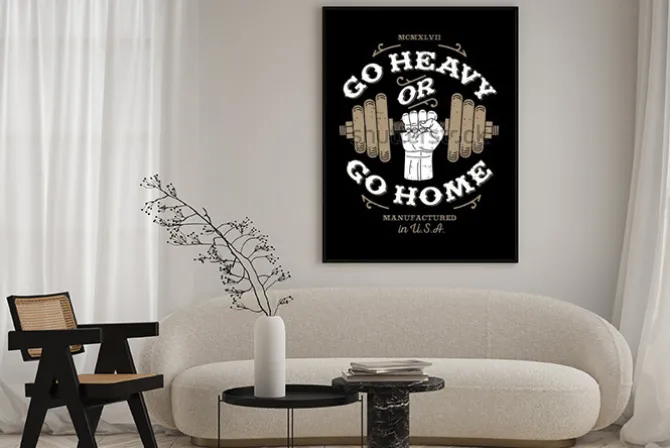 Plakat: Motyw siłowni i kulturystyki z motywacyjnym napisem