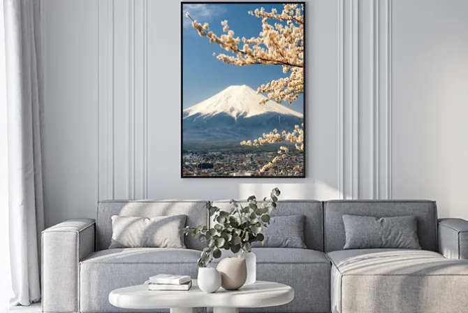 Plakat: Mount fuji z gałęzi wiśniowego drzewa, japonia