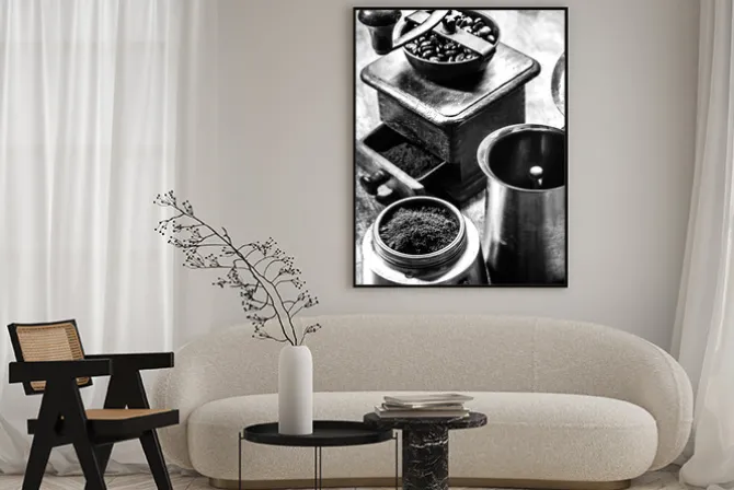 Plakat: Młynek do kawy czarno-biała fotografia vintage