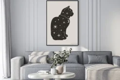 Plakat: Mystical black cat in trendy boho style. vector magic cat silhouette