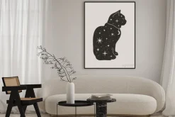 Plakat: Mystical black cat in trendy boho style. vector magic cat silhouette