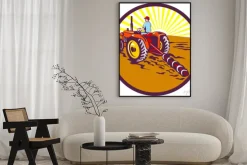 Plakat: Na farmer traktor kołowy retro