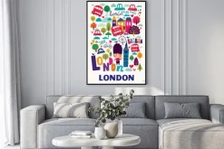 Plakat: Napis londyn i symbole w stylu ilustrowanym