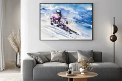 Plakat: Narciarz zsuwa się z góry. obraz utworzony za pomocą akwarel.