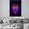 Plakat: Neon car sign. glowing retro sport car icon on dark brick wall