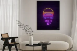Plakat: Neon car sign. glowing retro sport car icon on dark brick wall