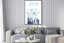 Plakat: Niebieski las na tle gór akwarela