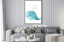 Plakat: Niebieski wieloryb z kolorowymi serduszkami