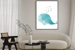 Plakat: Niebieski wieloryb z kolorowymi serduszkami