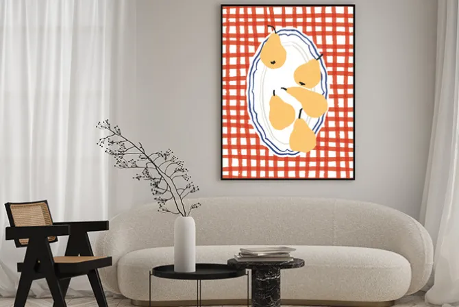 Plakat: Nowoczesna ilustracja gruszki na czerwonym tle w kratkę