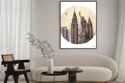 Plakat: Nowy jork z pomnik wolności rysunku akwareli ręcznie, famouse