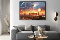 Plakat: Obce planety na tle ziemi