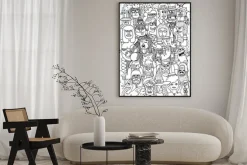 Plakat: Obejmuje ilustrację kreskówek twarze tłoczą się doodle pociągany