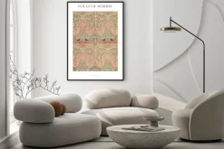 Plakat: Ornamentalny wzór z ptakami i liśćmi w stylu william morris