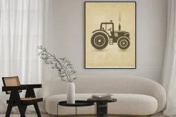 Plakat: Owalna etykieta z krajobrazu. traktor w polu