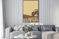 Plakat: Owalna etykieta z krajobrazu. traktor w polu