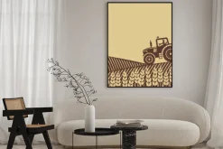 Plakat: Owalna etykieta z krajobrazu. traktor w polu