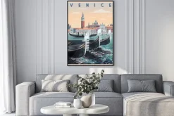Plakat: Panorama wenecji retro z gondolami