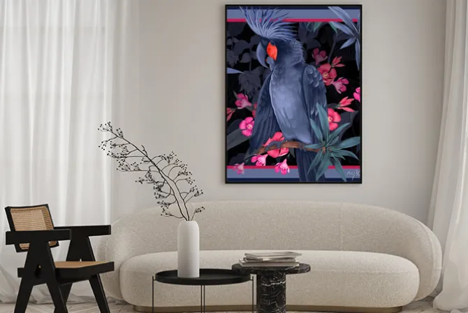 Plakat: Papuga kakadu w odcieniach niebieskiego na gałęzi